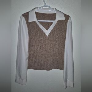 Brown and White Sweater with Collared Shirt
